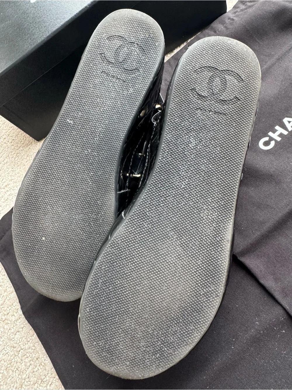 CHANEL Black Shiny Leather Platform Sandals with Gold CC Logos 21B